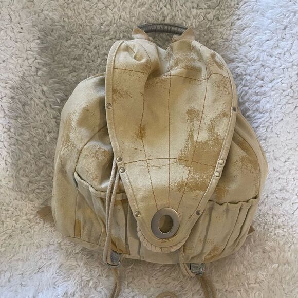 Vintage large canvas & Khaki camel large Backpack silver tone studs & hardwares - Picture 9 of 16